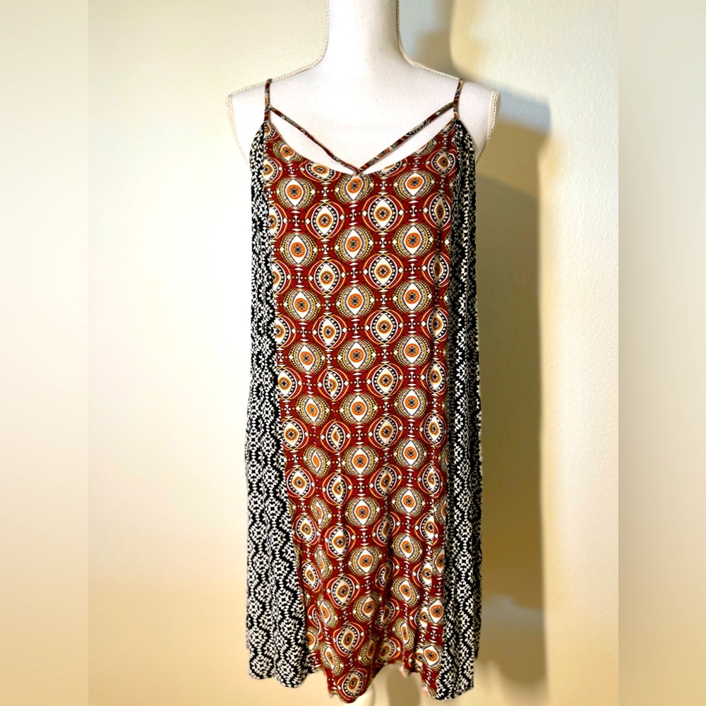 Geometric Aztec Print Sundress Large Boho Sleeveless Summer Dress L